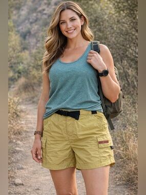 REI Yellow Cargo Shorts Womens Size 12 Nylon Hiking Belted Lightweight Outdoor